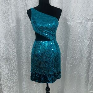 One shoulder blue Sherri Hill mini dress